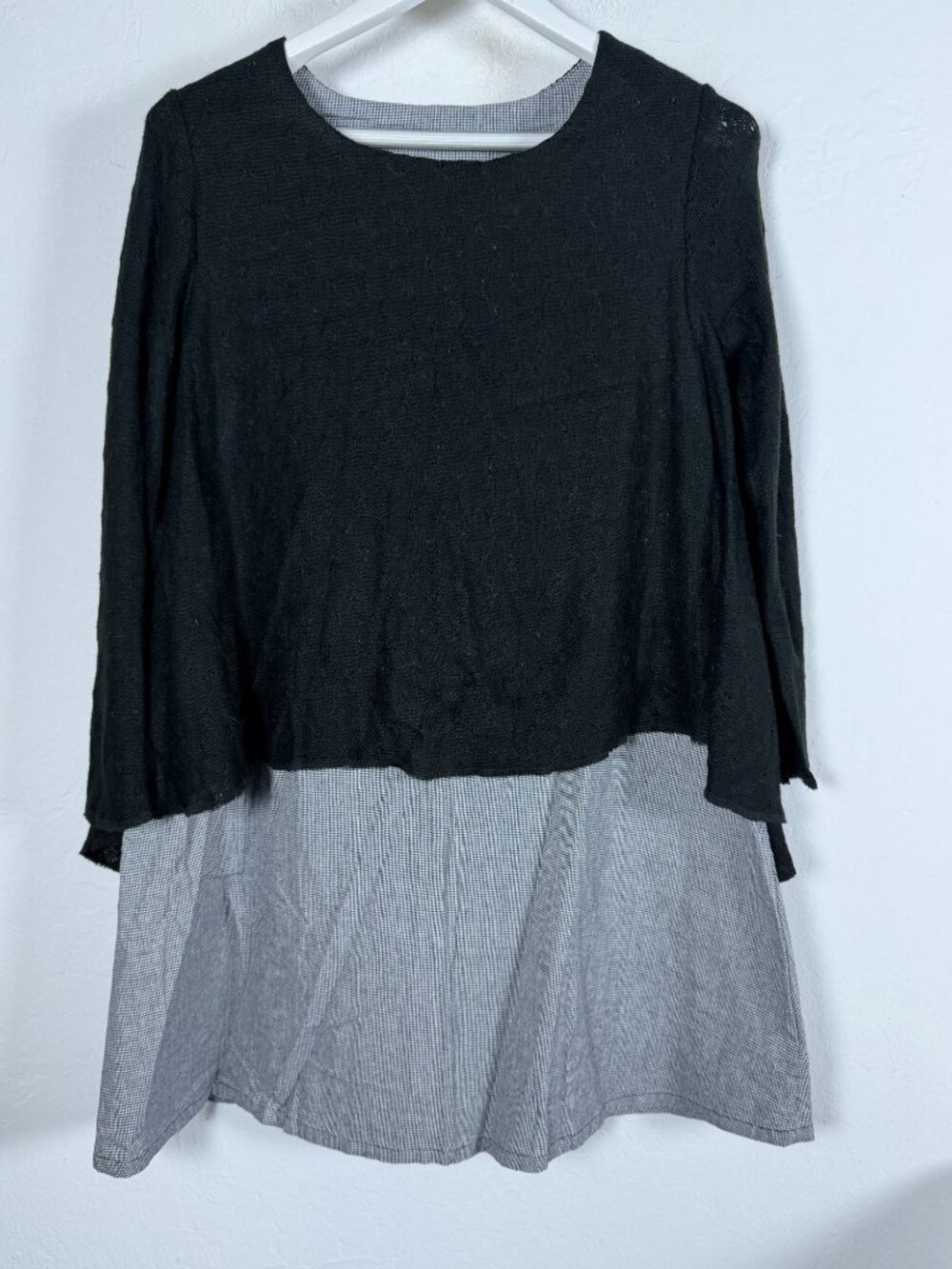 Womens Long Sleeve Layered Black Knit Tunic Top/Dress Houndstooth Hem Casual
